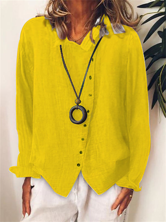 Women's Large Size Breathable Loose Solid Color Temperament Cotton Linen Shirt Long-sleeved T-shirt