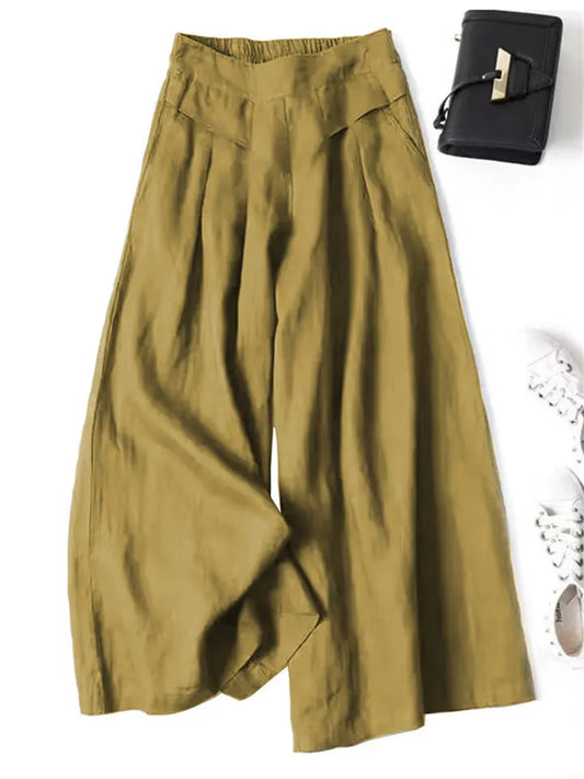 Women's Retro Linen Wide-Leg Pants: Summer High-Waisted Casual Loose-Fit Cropped Pants