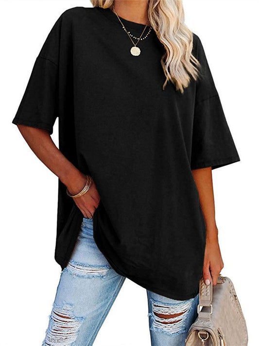 Women's T-shirt Solid Color Loose Drop Shoulder Sleeve Round Neck Short Sleeve Tops