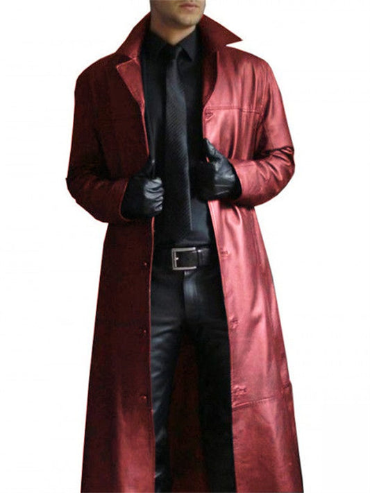 Men's Winter Coat Faux Leather Jacket Party Business Winter Fall Faux Leather Windproof Warm Outerwear Clothing Apparel Artistic / Retro Cosplay Pure Color Pocket Turndown Single Breasted