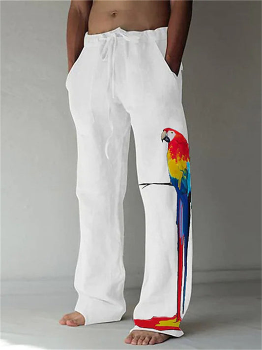 Men's Trousers Summer Pants Beach Pants Elastic Drawstring Design Front Pocket Straight Leg Bird Graphic Prints Soft Outdoor Casual Daily For Vacation Fashion Streetwear White Green