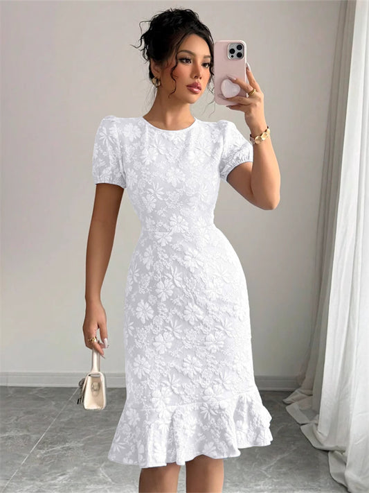 Summer Women's Slim-Fit Bodycon Fashionable Casual Printed Puffed-Sleeve Dress