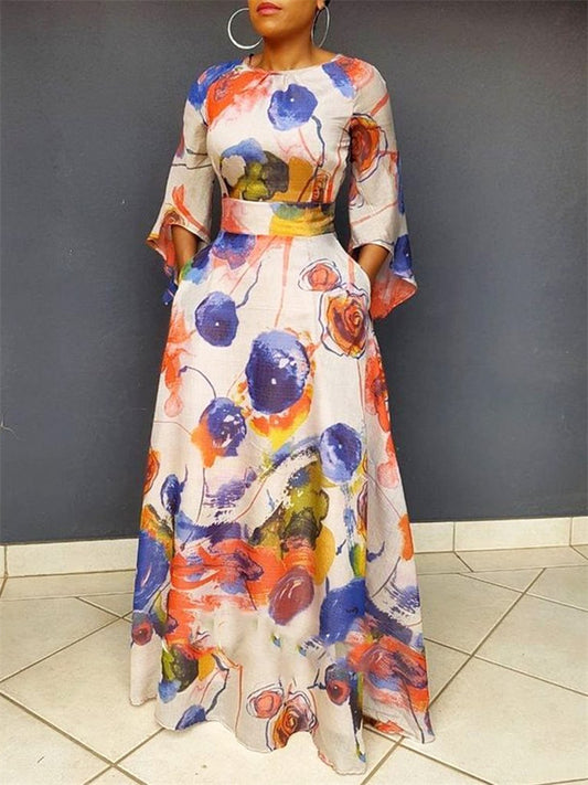Mid-waist Temperament Commuter Large Size Women's Temperament Print Waist-skimming Sheath Dress