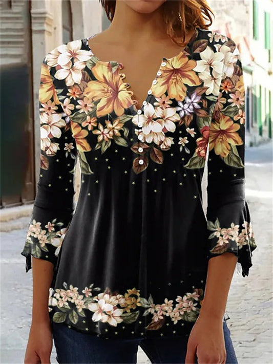 New Arrival Summer Fashion Floral Print V-Neck Three-Quarter Sleeve T-Shirt