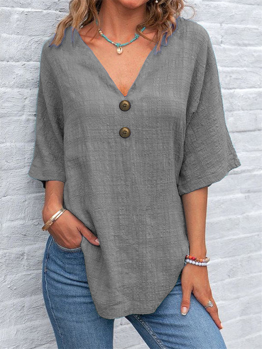 New Arrival Women's Casual V-neck Short-Sleeve Solid Color Cotton-Linen Top