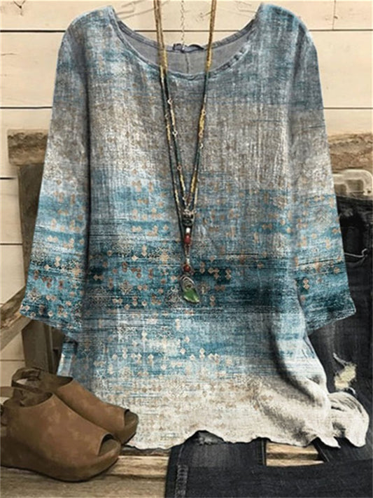 New Cotton and Linen Painted Print Round Neck Hanging Shot Loose Type Retro Long-sleeved T-shirt Comfortable Casual Tops