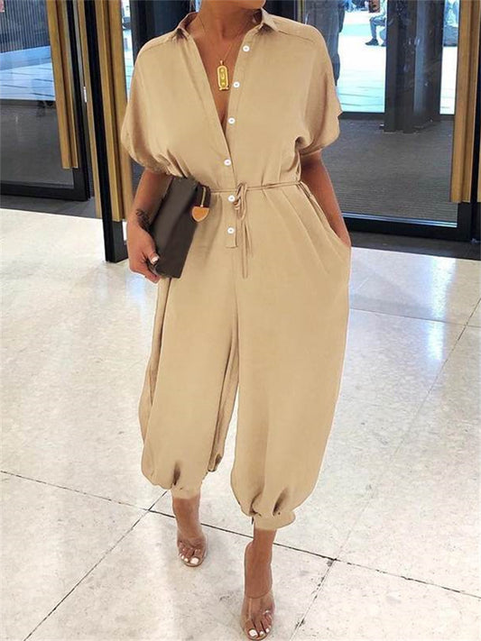 Women's Ordinary Deep V Black Leopard White Black Jumpsuit Solid Color Lace up / Harem