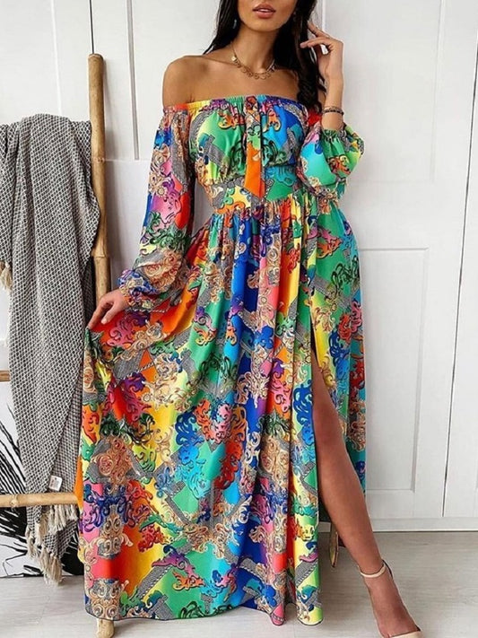 V-neck Pullover Vintage Large Swing Split Print Dress