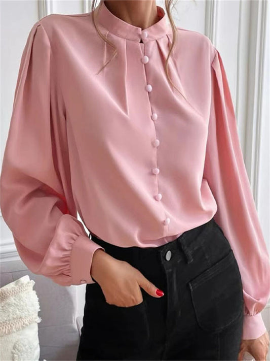 Spring New Arrival: Elegant Solid Color Collared Long-Sleeve Relaxed Fit Women's Shirt