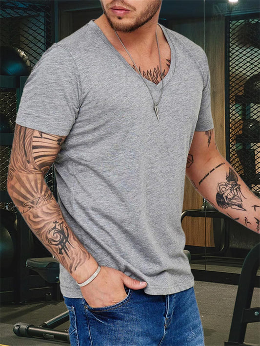 Summer Men's Personalized V-neck T-shirt Fashion Casual Sports Short-sleeved Tops Solid-color T-shirt