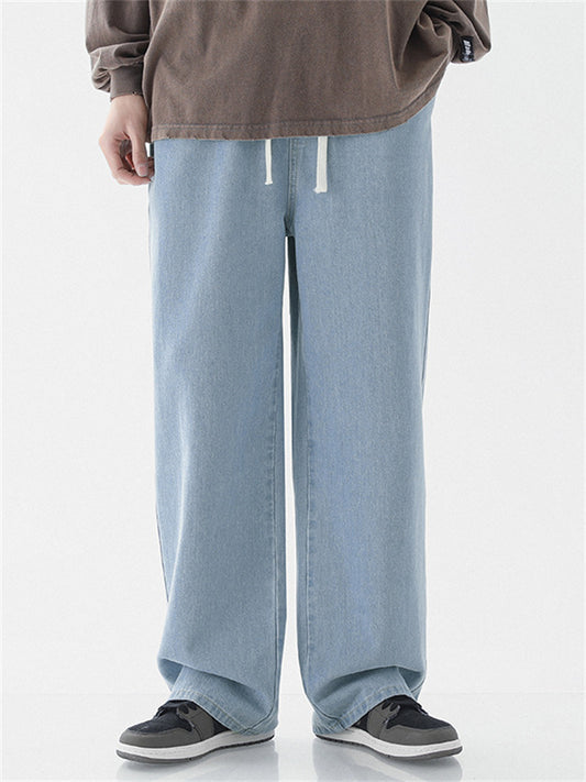 Men's Jeans Trousers Baggy Denim Pants Pocket Drawstring Straight Leg Solid Colored Comfort Wearable Outdoor Daily Cotton Blend Stylish Casual Black+Grey Blue