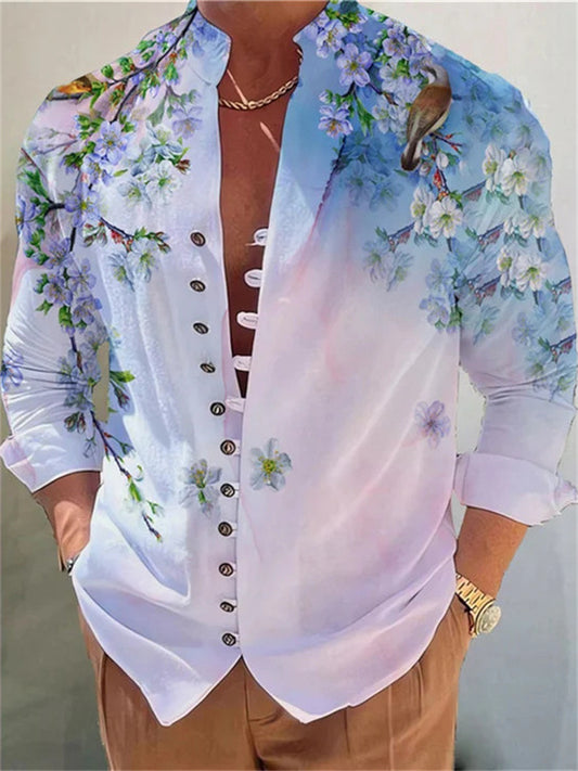 Men's Shirt Floral Graphic Prints Stand Collar Blue Purple Green Gray Outdoor Street Long Sleeve Print Clothing Apparel Fashion Designer Casual Comfortable