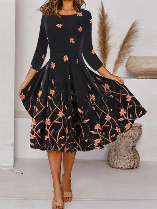 Women's New Positioning Print Round Neck Seven-point Sleeve Mid-waist Hem Type Temperament Commuter Dress