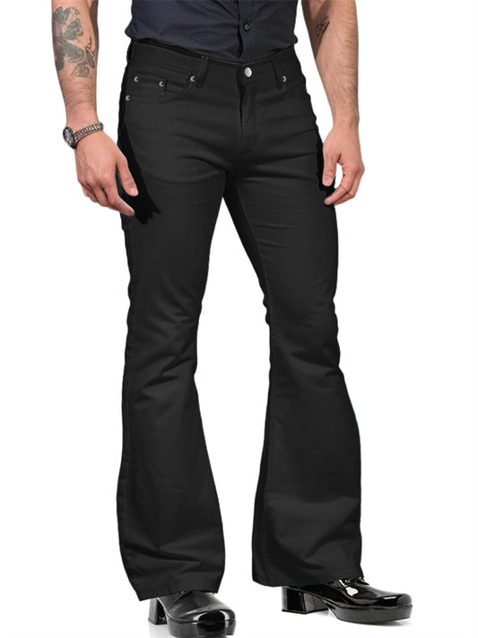 2Men's Solid Color Casual Vintage Street Mid Waist Flared Pants Zipper Closure Work Pants Insert Pockets Trousers