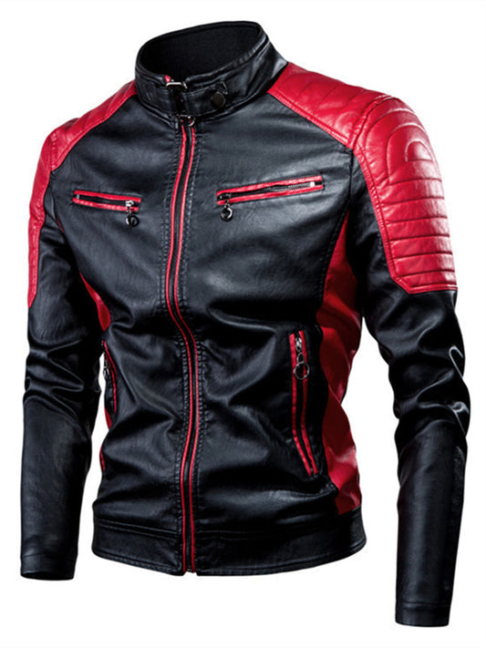 Men's Fall and Winter Casual Biker Splicing Leather Jacket Stand-up Collar Retro Warm Leather Jacket