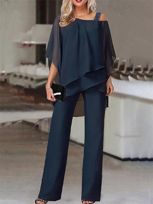 Women's Jumpsuit Solid Color Round Neck Elegant Wedding Prom Straight Regular Fit Half Sleeve Navy Blue S M L Spring