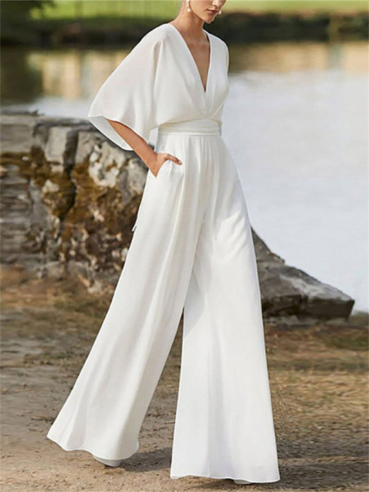Women's Jumpsuit Pocket High Waist Solid Color V Neck Elegant Party Business Regular Fit 3/4 Length Sleeve Black White Pink S M L Spring