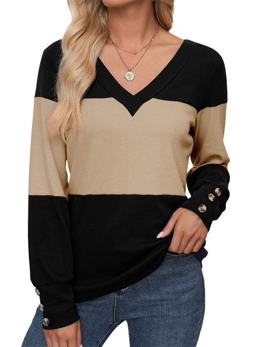 Women's Color-Block Long-Sleeve T-Shirt with Buttons & V-Neck Top
