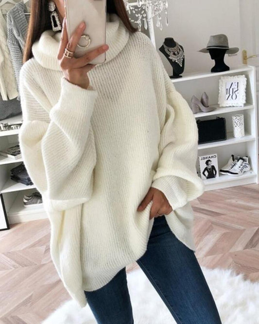 Women's Pullover Sweater Knitted Solid Color Basic Casual Long Sleeve Loose Sweater Cardigans Turtleneck Fall Winter Blushing Pink Gray White
