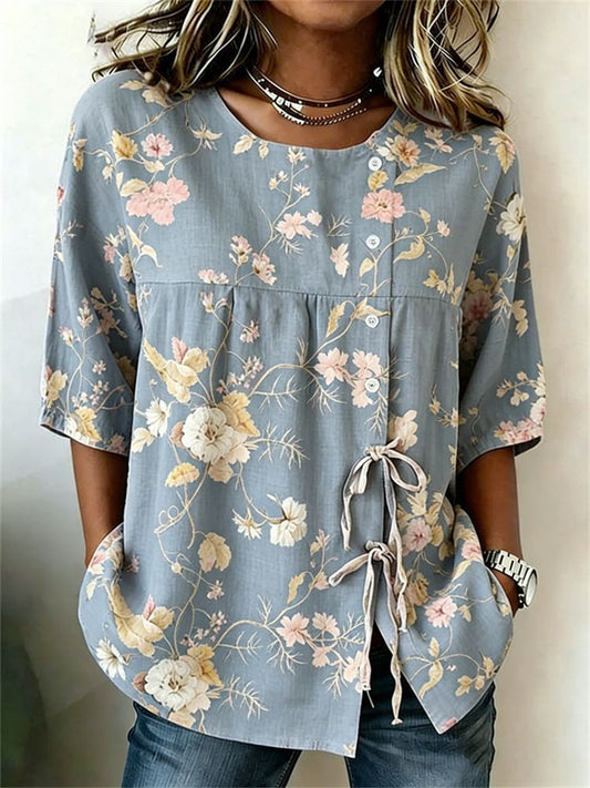 New Women's Color-Blocked Loose-Fit Button-Down Shirt with Drawstring and Printed Mid-Length Sleeves
