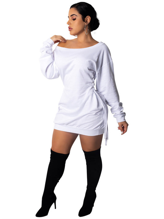 Sexy Round Neck Loose Waist Long Sleeve Dress
