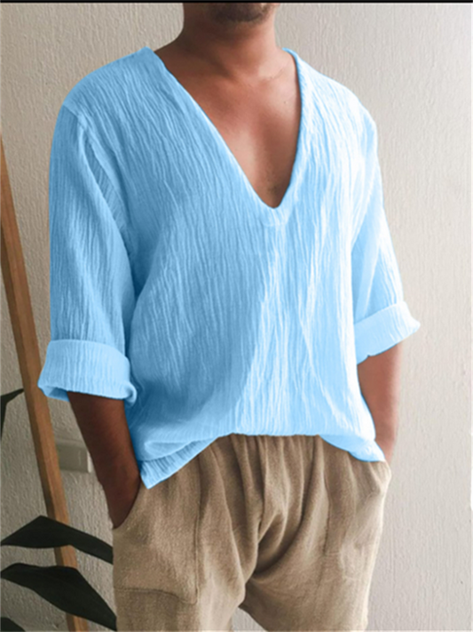 Men's New Long-sleeved Solid Color V-neck Washed Cotton T-shirt Tops Loose Casual Blue Black White M L XL 2XL 3XL