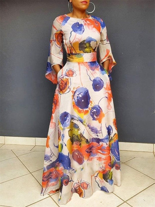 Mid-waist Temperament Commuter Large Size Women's Temperament Print Waist-skimming Sheath Dress