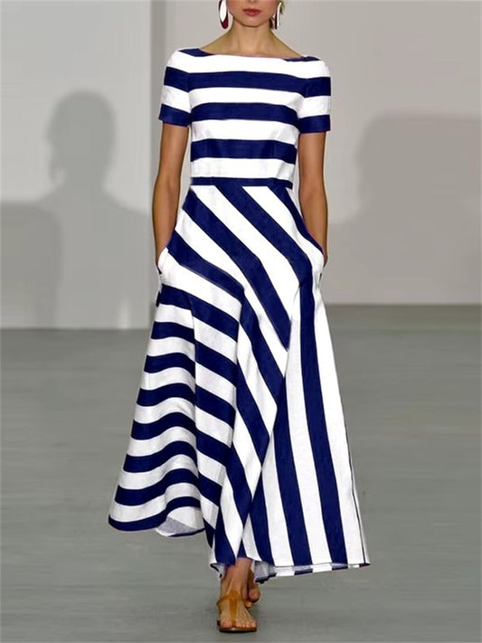 Women's New Striped Maxi Dresses A One-line Neckline Printed in The Mid-length Skirt