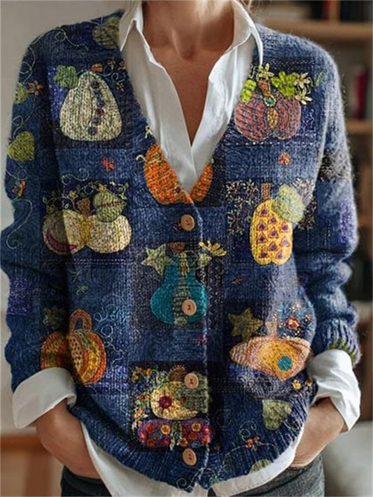 New Women's Floral 3D Print Autumn/Winter V-Neck Sweater Jacket