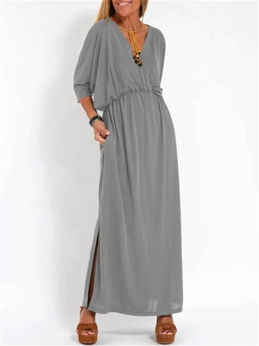 Summer Women's New V-neck Fashion Solid Color High Waist Split V-neck Dresses Long Dresses
