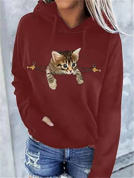 Spring and Autumn Half-zip Rabbit Black Large Pockets Cotton Printed Casual Long-sleeved Pullover Cat Pattern
