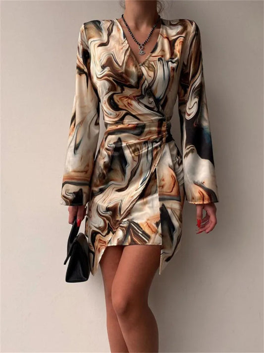 New Arrival Long Sleeve Printed Dress with V-Neck and Asymmetrical Hem