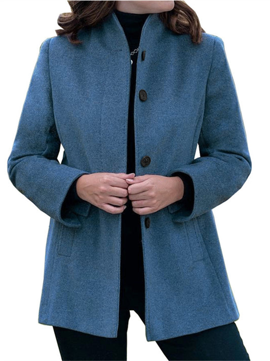 New Arrival Women's Fall/Winter Minimalist Long-Sleeve Lapel Collar Button-Up Slim-Fit Solid Color Wool Coat