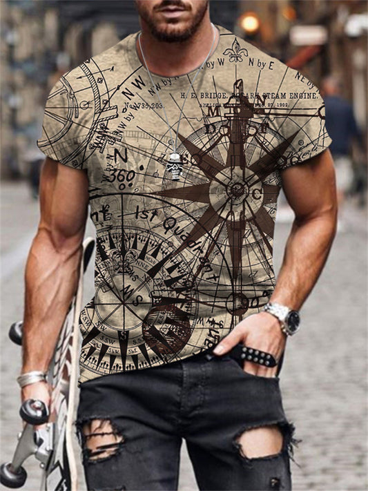 Men's Summer Retro Compass 3D Print Fashion Short Sleeve T-shirt
