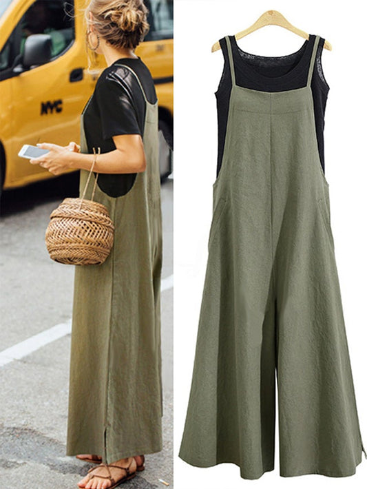 Women's Loose Conjoined Wide Leg Pants Casual Jumpsuit Linen
