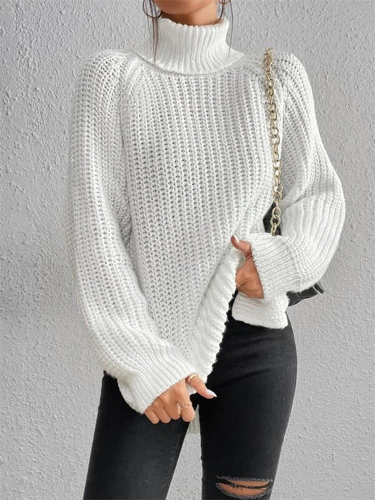 Women's Autumn and Winter Knit Sweater Medium Long Shoulder Sleeve High Lapel Split Sweater High Neck Solid Color Sweater