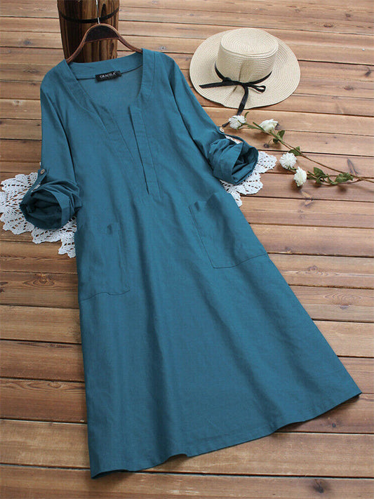 Women's Casual Dress Cotton Dress Midi Dress Cotton Basic Casual Outdoor Daily Vacation V Neck Pocket Long Sleeve Summer Spring Fall 2023 Loose Fit White Blue Plain M L XL 2XL 3XL