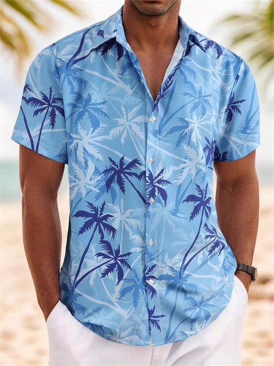 Men's Loose-Fit Casual Vacation-Style Short-Sleeve Hawaiian Shirt with Coconut Tree and Beach Print
