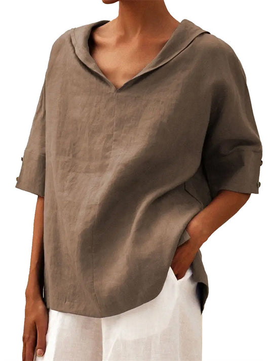 New Women's Solid Color Cotton Linen Loose Hooded Top Solid Color Casual T-shirt