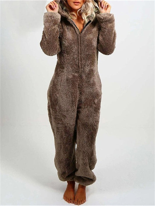 Women's Fashion Temperament Commuter Elegant Solid Color Long Sleeve Plush Cardigan Hooded Jumpsuit Nine Pants