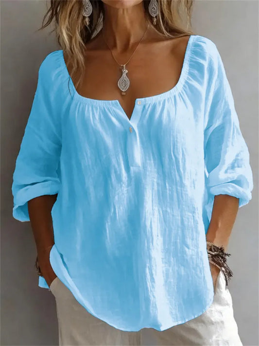 New Women's Casual V-neck Long-sleeve Loose-fit Solid-color Shirt