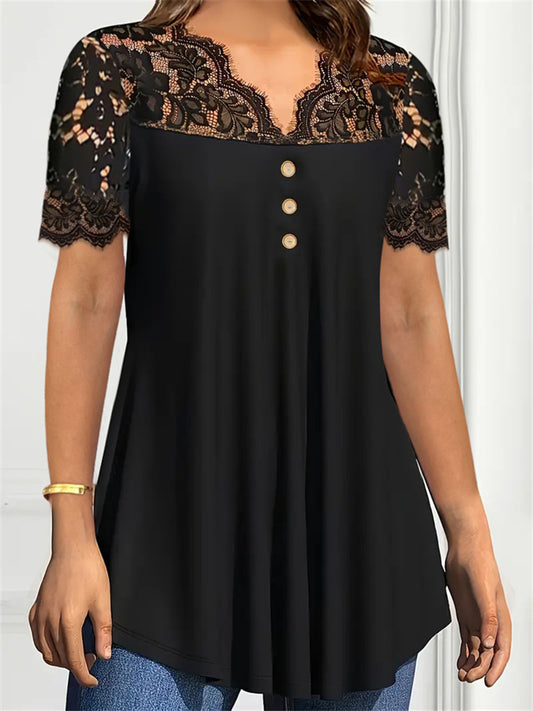 New Summer European & American Style Women's Solid Color Lace-Trimmed Short-Sleeve V-Neck Casual T-Shirt