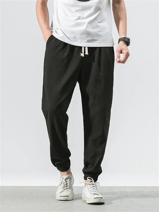 Summer Chinese-Style Retro Cotton-Linen Men's Casual Pants - Solid Color Plus Size Loose-Fit Slim-Leg Linen Pants