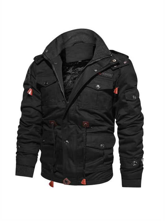 Men's Casual Solid Color Hooded Padded Thickened Jacket Large Size Cotton Medium-length Section of The Workwear Washed Jacket Men
