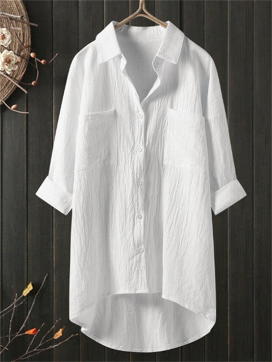 Women's Plus Size Curve Tops Blouse Shirt Solid Color Pocket Button 3/4 Length Sleeve Shirt Collar Basic Daily Washable Cotton Fabric Fall Spring Green White