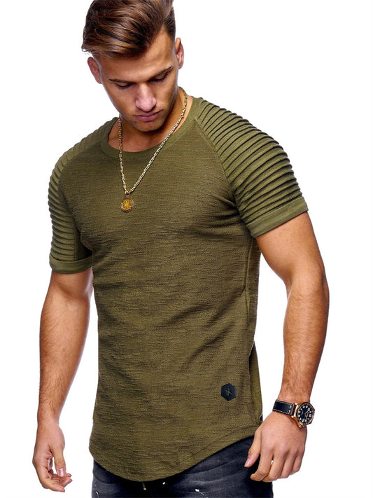 Men's Summer Round Neck Slim Solid Color Short-sleeved T-shirt Striped Pleated Inserted Sleeve Casual Men's Short T