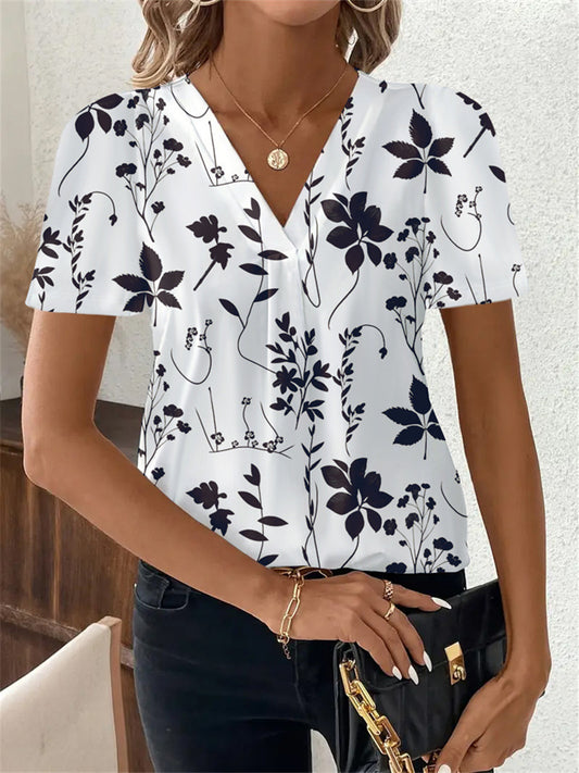 Women's New Fashion Casual Printed V-neck Top T-shirt