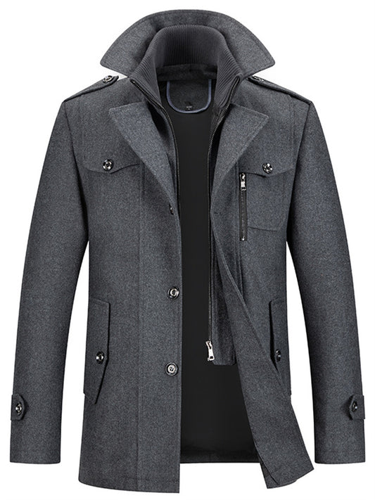 Autumn and Winter Tweed Coat Men's Fashion Middle-aged Double Collar Wool Coat Jacket