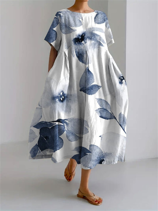 Women's new Dress Printed Dress Loose Round Neck Cotton A-line Skirt