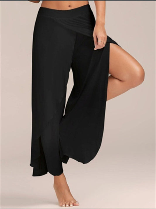 Women's Culottes Wide Leg Chinos Pants Trousers Wine Army Green Dark Gray Mid Waist Basic Casual / Sporty Casual Daily Yoga Ruffle Layered Stretchy Letter S M L XL XXL / Loose Fit / Split / Split